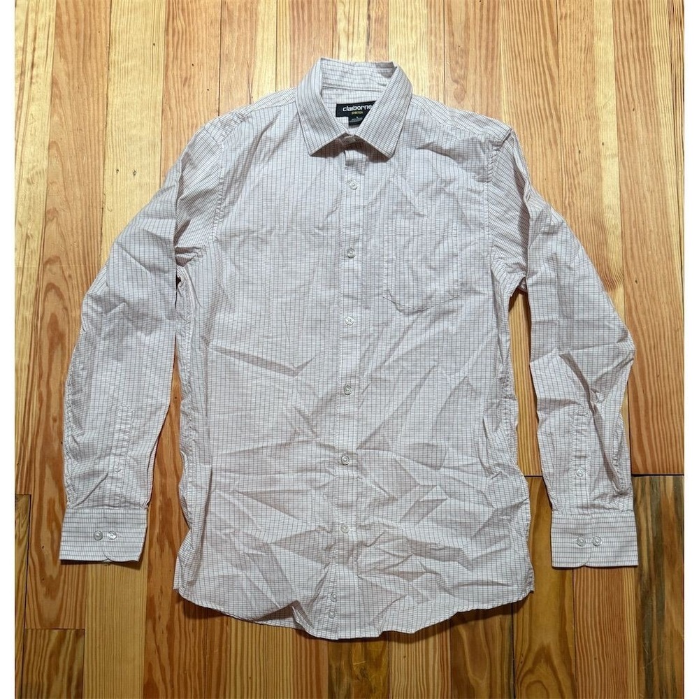 Claiborne Men's L/S maroon Check Button-Up Shirt White‎ S stretch cotton poplin